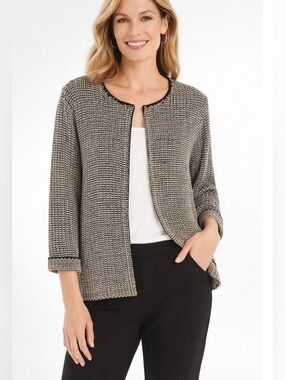 Chico’s Size 2/ Large Black Beige Textured Knit Open Front Cardigan Relaxed Fit